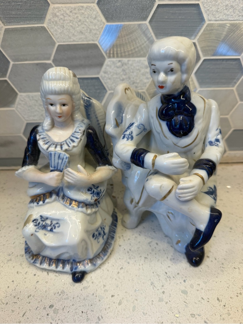 Blue and White Porcelain Couple Figurines Decorative Sculpture